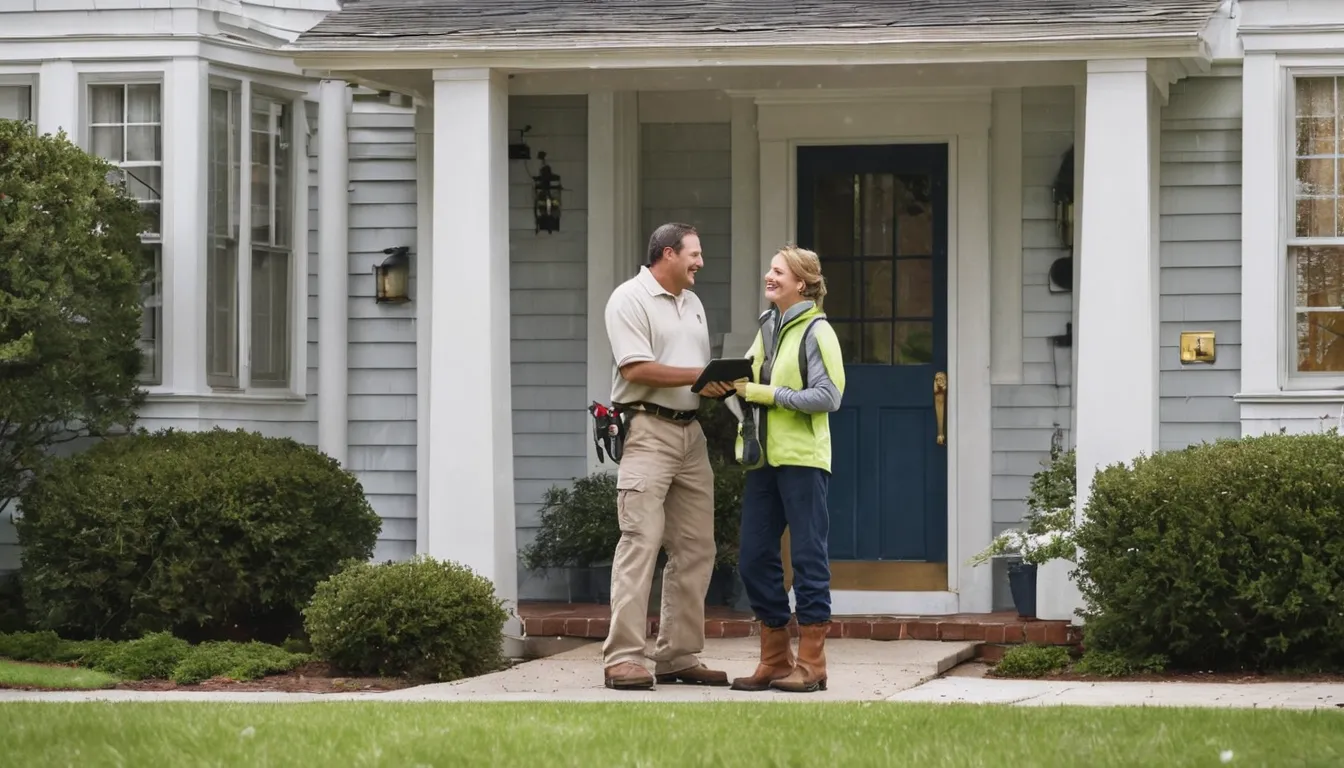 A friendly pest control provider talking with a homeowner at the front door of a classic home in Scranton